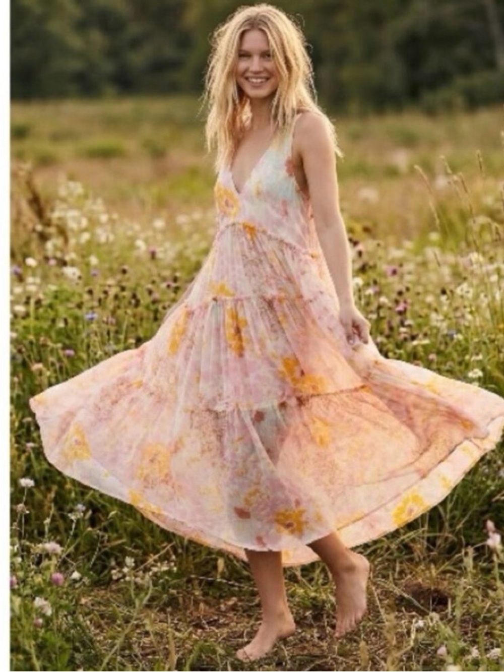 Free People Julianna Maxi Dress Ethereal Femme Billowy Sheer Floral Large